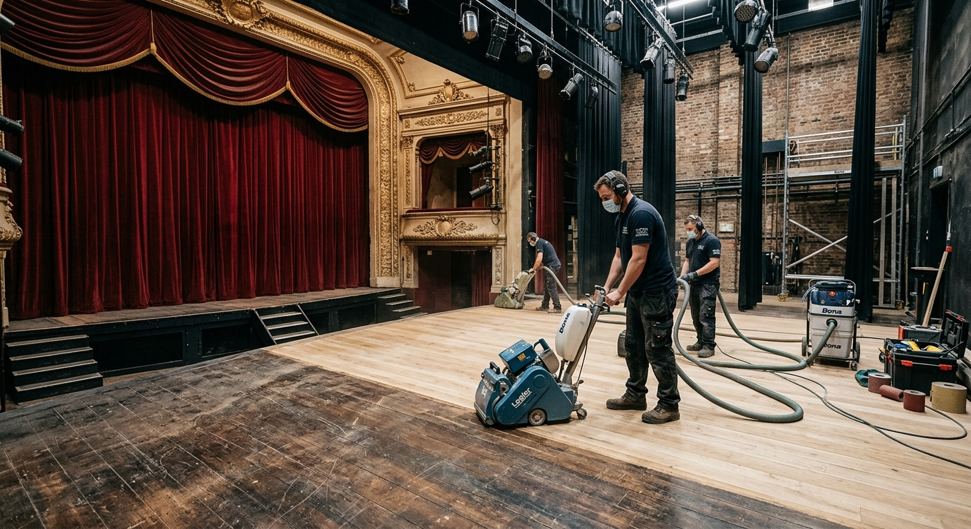 Notting Hill W11 Heritage Stage Sanding – Before Shot The worn and dark wooden floor of a historic theatre stage in Notting Hill, W11, exhibiting heavy wear and aged varnish before our professional commercial floor sanding services.